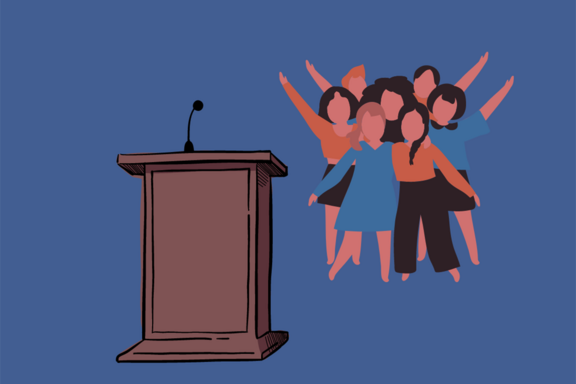 Students near a podium, illustration