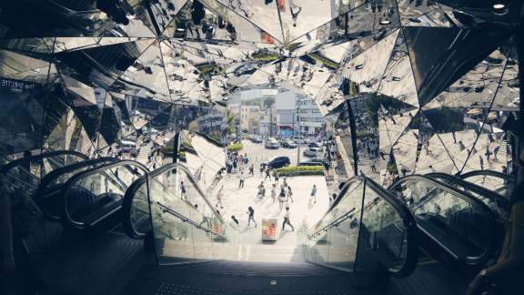City scene reflected in mirrors, credit LSE