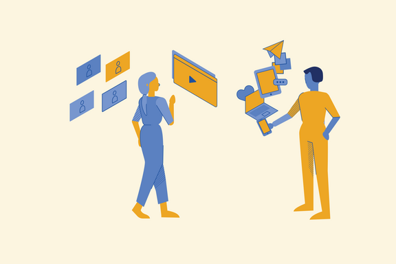 Illustration of figures interacting with digital technologies