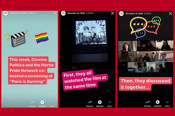 Instagram story screenshots of a student-led cinema night at the Hertie School