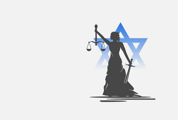 Illustration justice statue superimposed on star of David