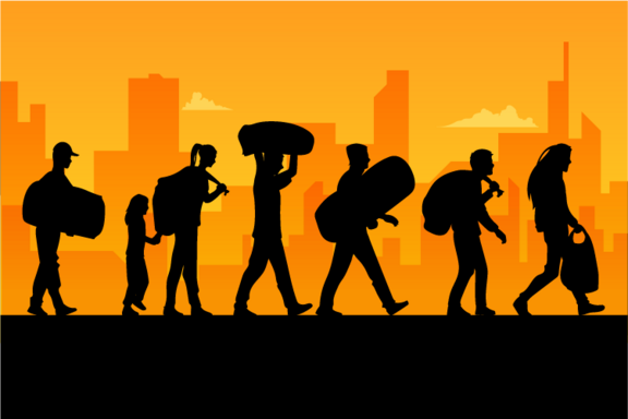 Illustration of a group of people carrying bags